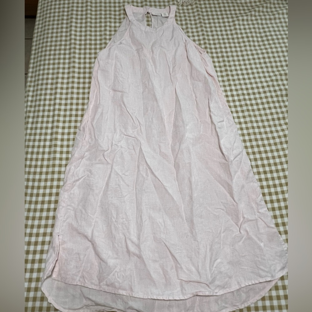 100% pink linen dress, high neck